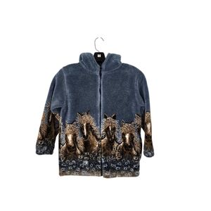 Mazmania Blue Horse Zip Jacket Plush Fleece Kids Medium 7/8 Aquestrian Ranchwear